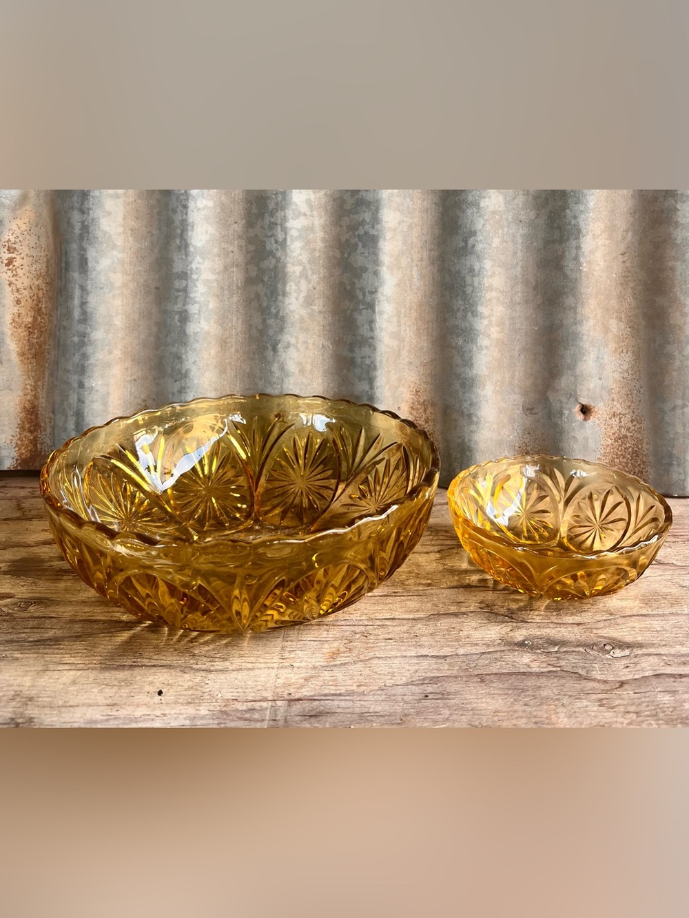 Vintage Anchor Hocking Amber Glass Starburst Bowl Set (2 Pcs)